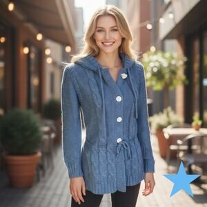 Vintage 60s Women’s Marine Blue Hoodie Cardigan Longer Sweater XS S Chunky